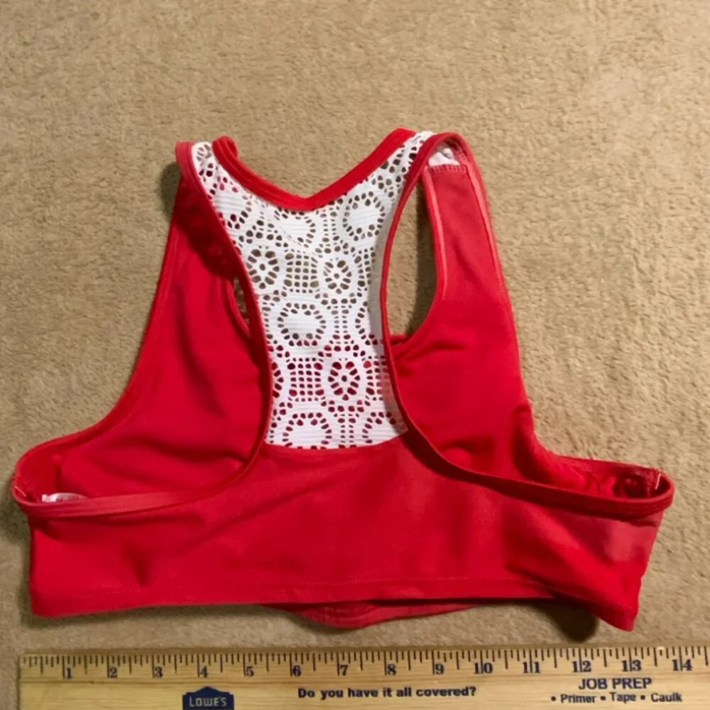 Justice Sz 16 Red Racerback Swimsuit Girls Top White Crochet Design Back‎ (C)